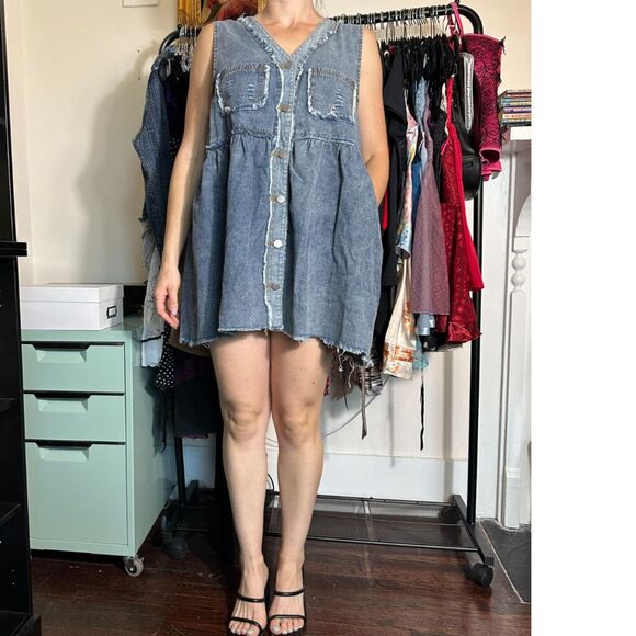 Pol 100% Cotton Denim Button Up Sleeveless Mini Dress Size Large - Picture 4 of 7